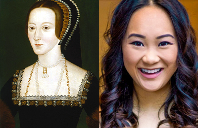 Portrait of Anne Boleyn and headshot of Andrea Macasaet