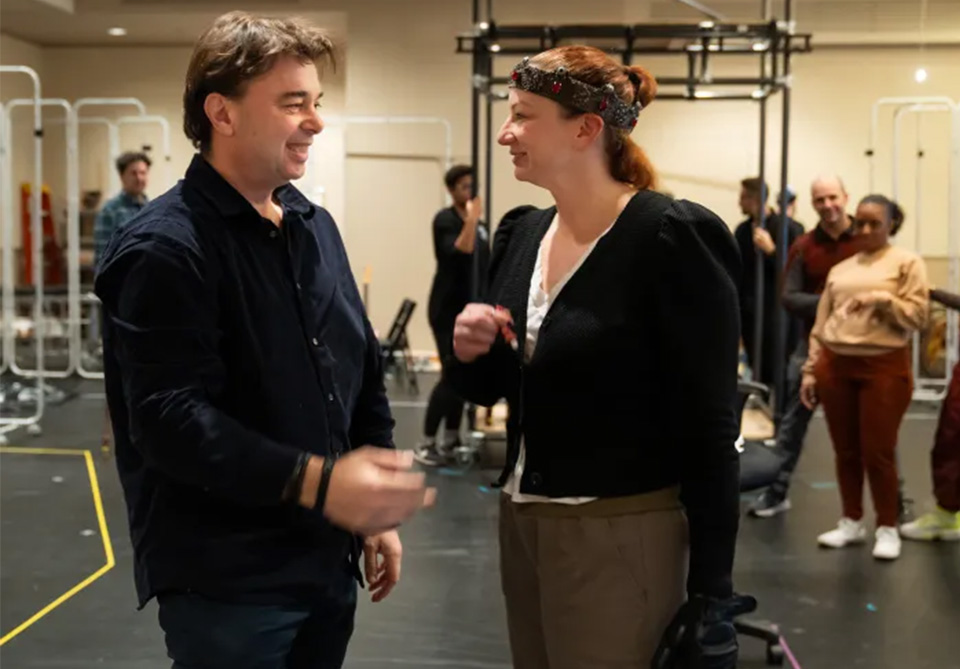 Director Edward Hall discussing with Katy Sullivan during Richard III rehearsal