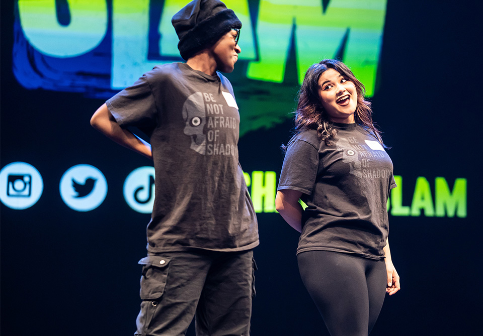 Two students perform in the Chicago Shakespeare Slam