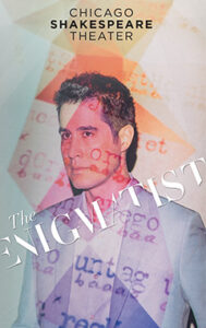 Program cover art: man in a suit with projected text and pastel geometric shapes on him seeming to look like encrypted code words, overlaid with the title of the production in large white text.