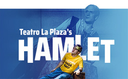 Blue gradient background, with foreground depicting a young man leaning and seated on a low wooden step wearing a bright yellow t-shirt with bold black text and light blue jeans and behind him, an enlarged monochromatic image of Laurence Olivier as Hamlet, also leaning.