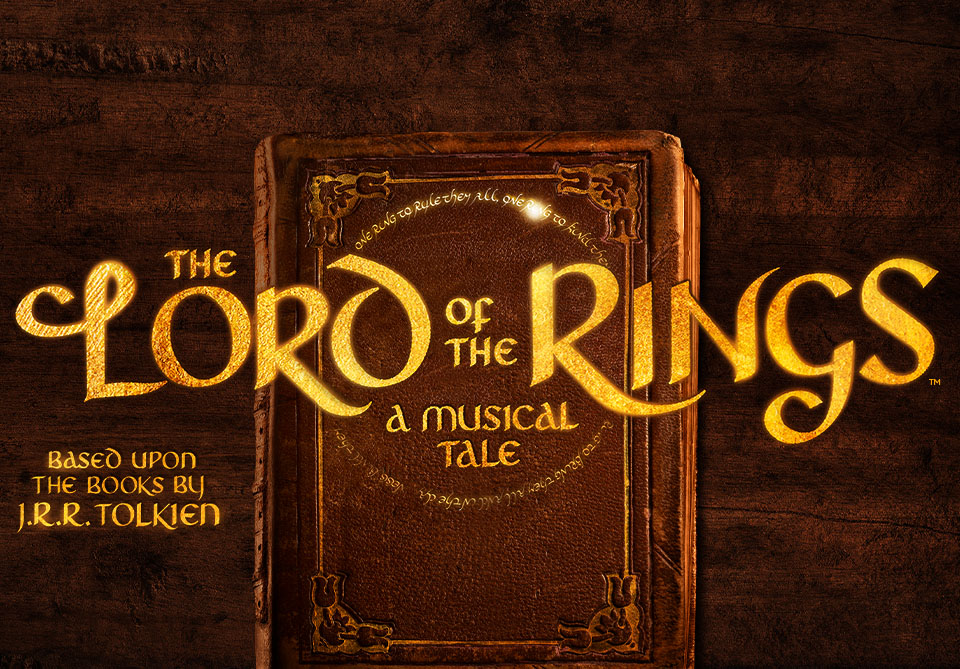 A stylized cover of a book against a dark, textured wooden background. The book has a rich, brown, leather cover adorned with intricate golden designs and borders. At the center of the cover, a large title of the show in glowing, golden text. Above and below the main title, smaller golden text forms a ring encircling the primary title, and features the iconic inscription from the One Ring. In the bottom right corner, additional text credits the author of the source material.