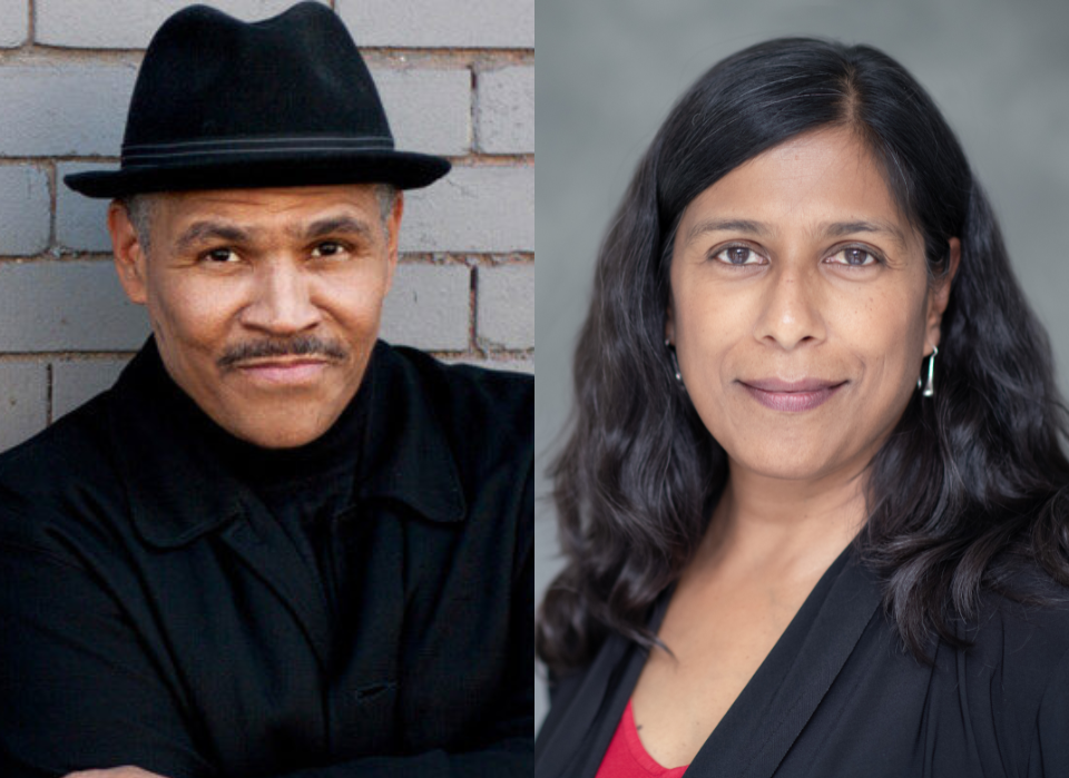 Two headshots next to each other: one of man with mustache in hat; other of woman with long dark hair