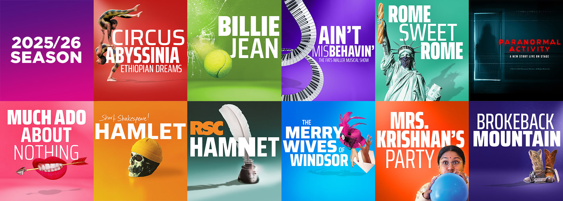 A colorful grid of promotional posters for ten different theatrical productions in the 25-26 season for Chicago Shakespeare Theater