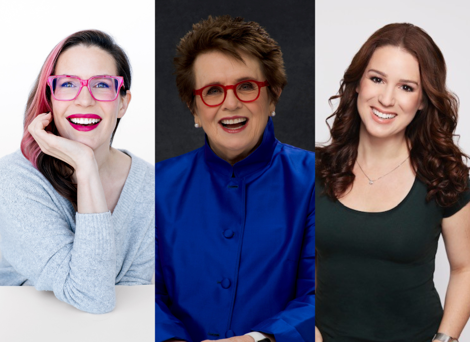 Three people smiling in separate portraits side by side. The left has pink glasses, the center red glasses, and the right has a necklace.