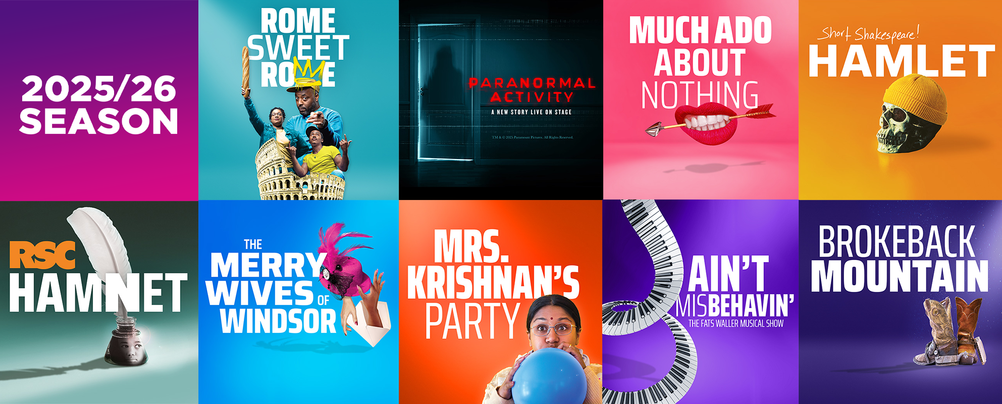  A colorful grid of promotional posters for ten different theatrical productions in the 25-26 season for Chicago Shakespeare Theater