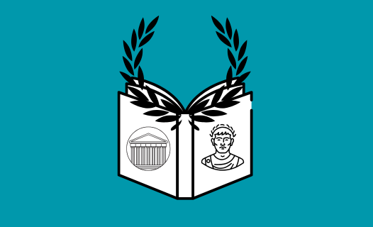 Graphic icons of a book depicting icons of Julius Caesar and the Pantheon overlaid by a laurel wreath against a bright teal background