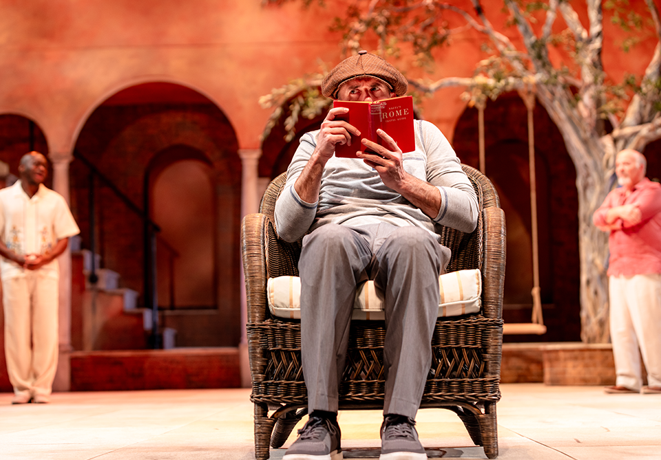 Person reading a book outdoors in a wicker chair with others in a courtyard setting.