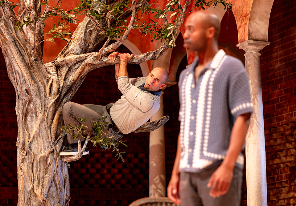 A man sits in a tree on set, while another stands in the foreground.