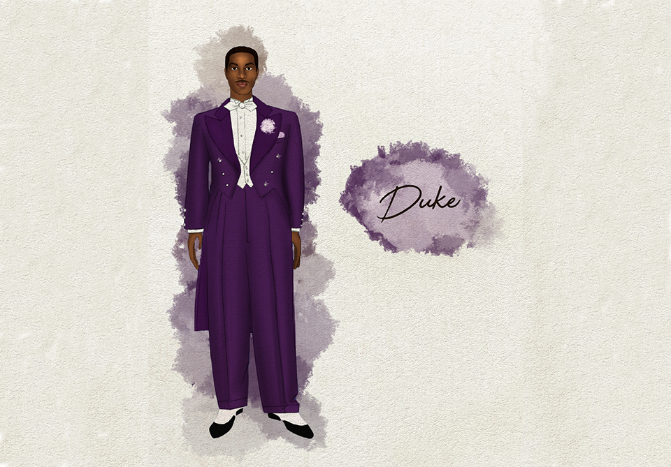 Watercolor style costume rendering of a character in Play On
