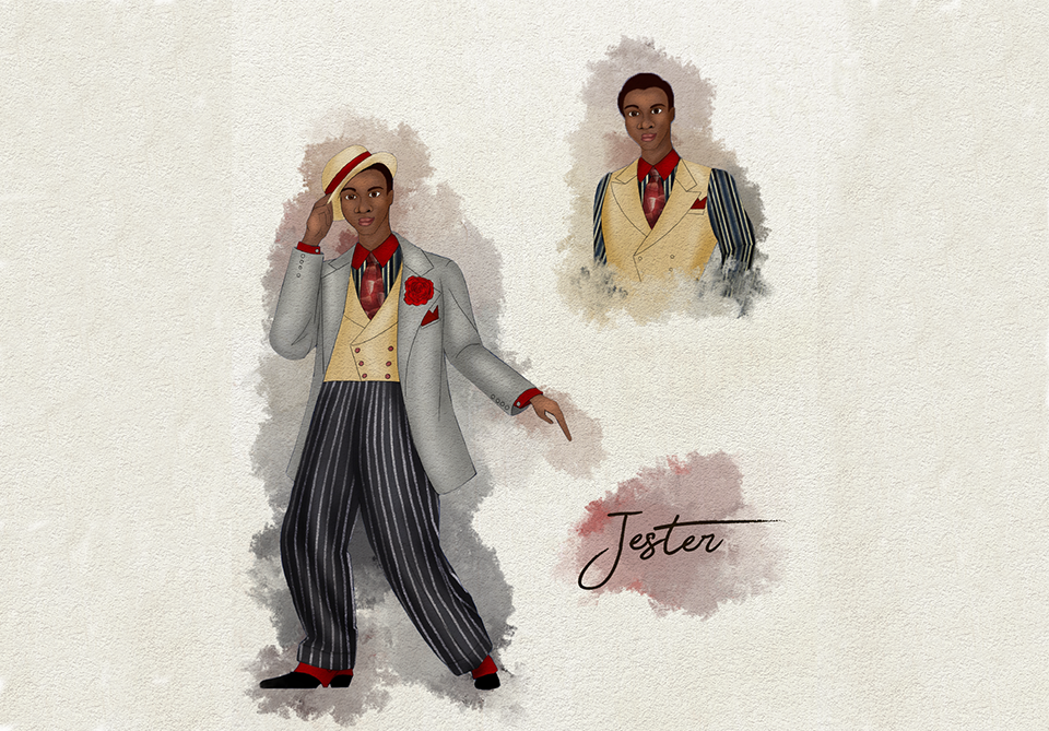 Watercolor style costume rendering of a character in Play On