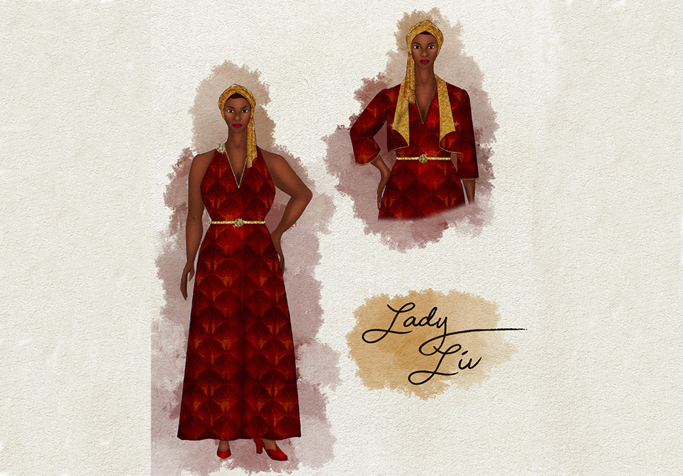 Watercolor style costume rendering of a character in Play On