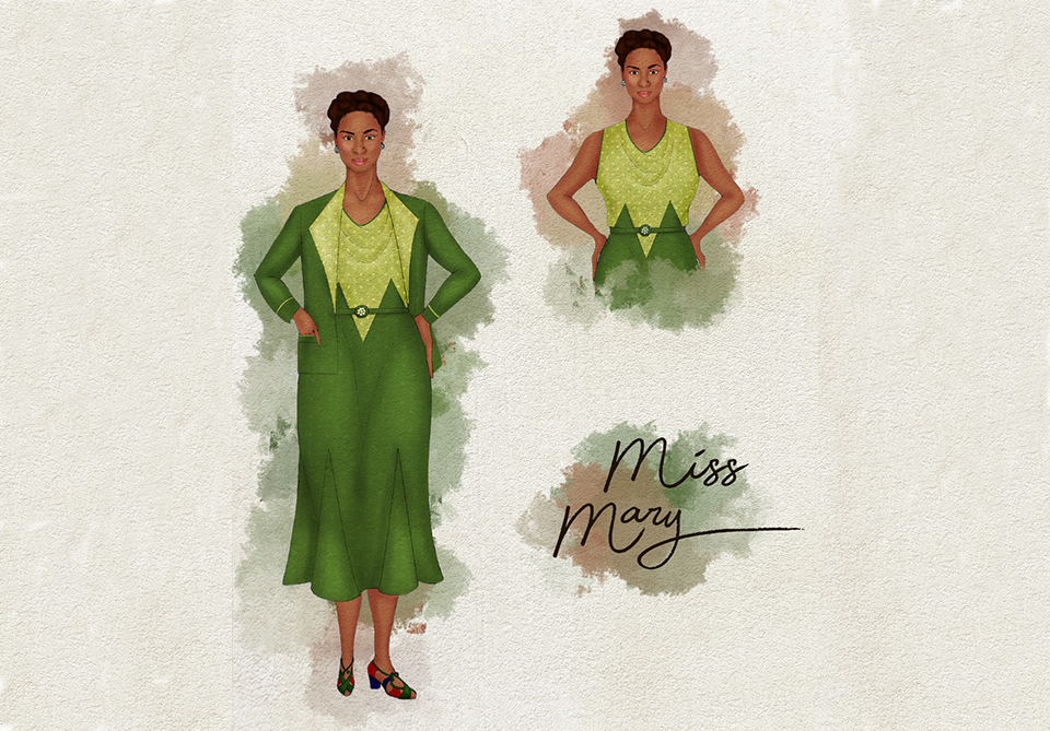 Watercolor style costume rendering of a character in Play On