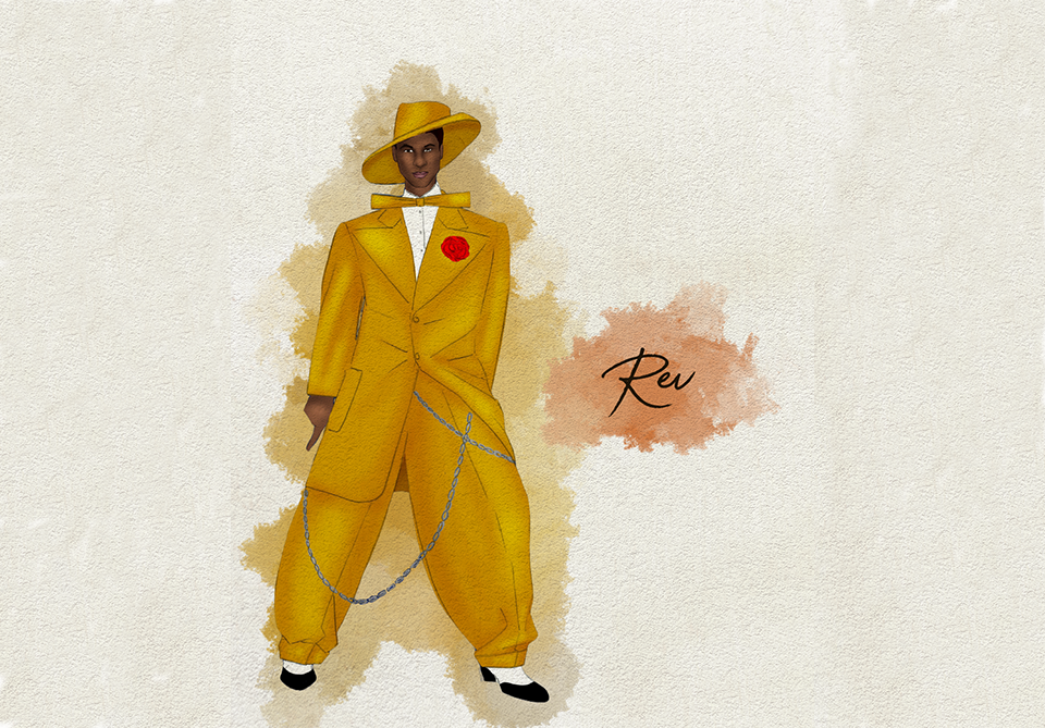 Watercolor style costume rendering of a character in Play On