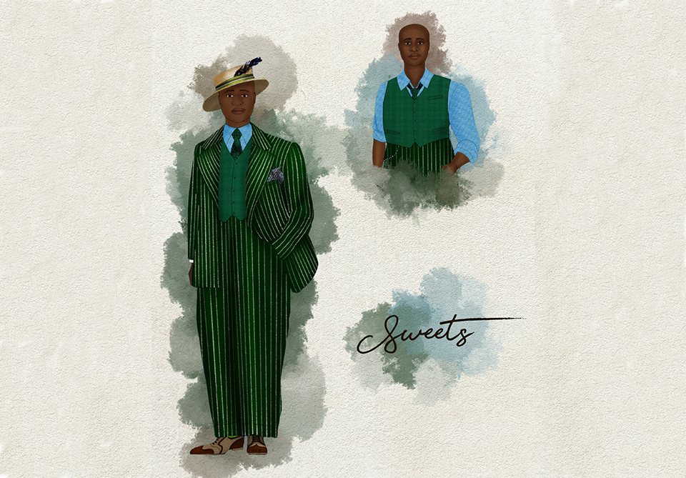 Watercolor style costume rendering of a character in Play On